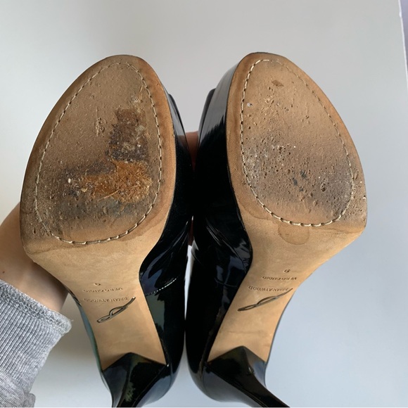 Brian Atwood Bambola iridescent patent leather Peep toe high heel Adriadic Black - Picture 4 of 13